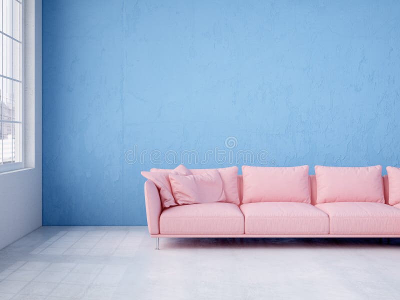 Modern inre med den blåa vägg- och rosa färgsoffan framförande 3d royaltyfri bild Modern inre med den blåa vägg- och rosa färgsoffan framförande 3d royaltyfri bild
