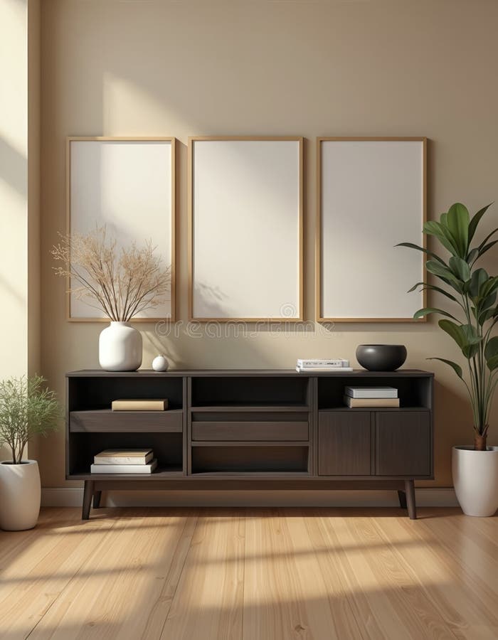 Modern inredning i vardagsrummet. Minimalistkonsthanddukar av trä på beige vägg. Lyxhotelldesign stock illustrationer