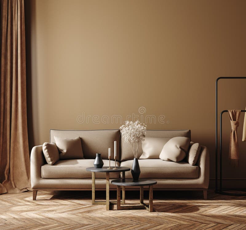 Modern insida i hemmet med brun sofa och torr planta i vas stock illustrationer