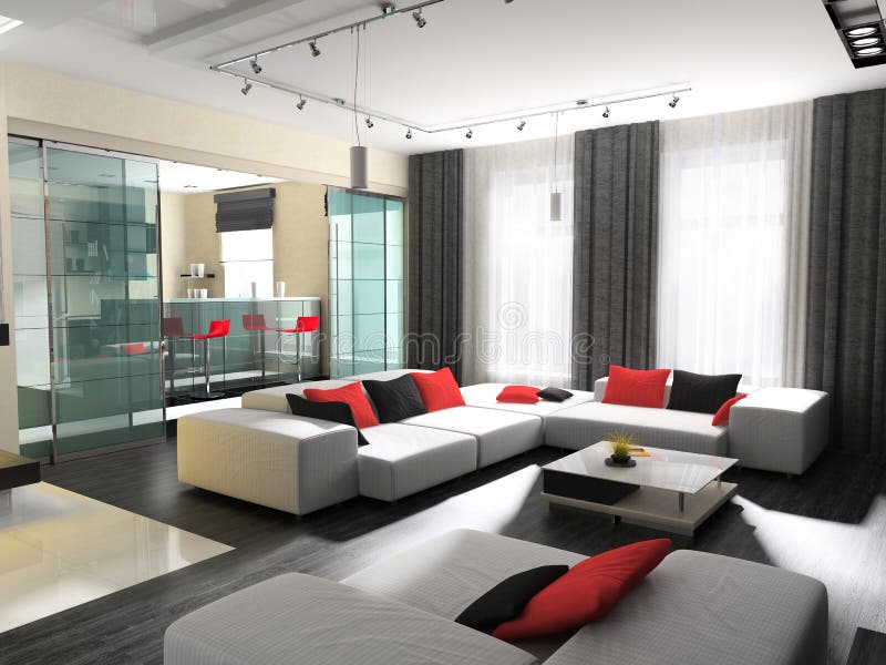 Modern interior of a drawing room with upholstered furniture and red pillows. Shade flower illustrations