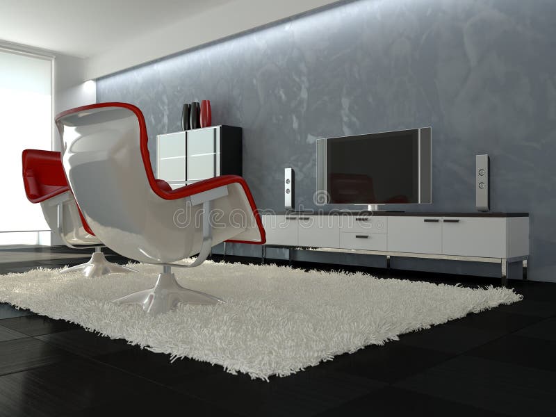 Modern interior with ceramic floor, white carpet, red armchair and plasma TV. Tv wall pattern illustrations