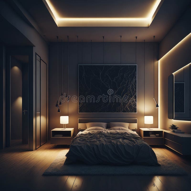 Modern Interior of Bedroom Design with Led Strips Warm Lighting on