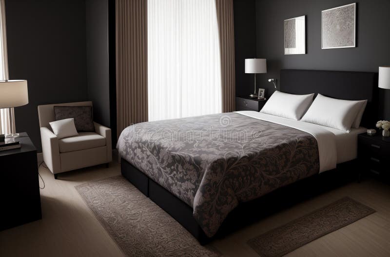 Modern Interior of Bedroom. Large Bed with Pillows and Blanket