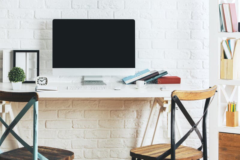Modern interior with blank computer stock image