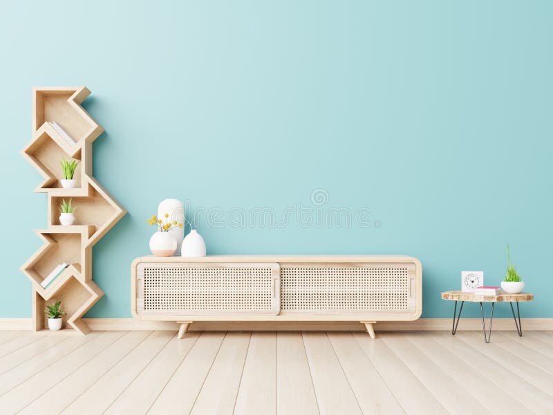 Modern Interior Blue Wall Mockup with for Smart Tv Stock Photo