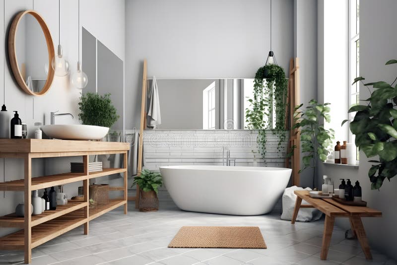 Modern Interior Design - Bathroom in Gray and Wooden Finishing. Neural ...