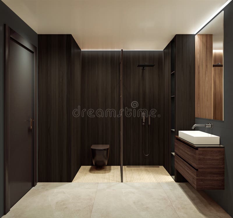 Modern Interior Design of Bathroom Shower, Walnut Wooden Walls with Rectangular Mirror and