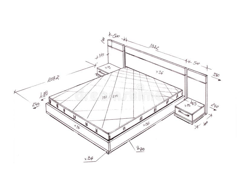 Modern Interior Design Bed Freehand Drawing Stock