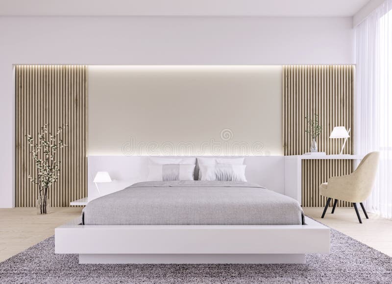 Modern interior design of bright spacious bedroom with wood slat wall and accent lighting vector illustration