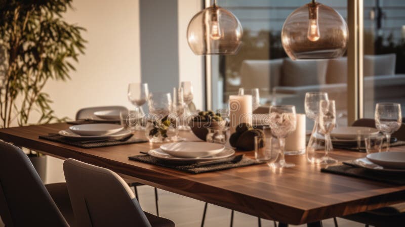 Modern Interior Design with Wood Table and Chairs Stock Illustration