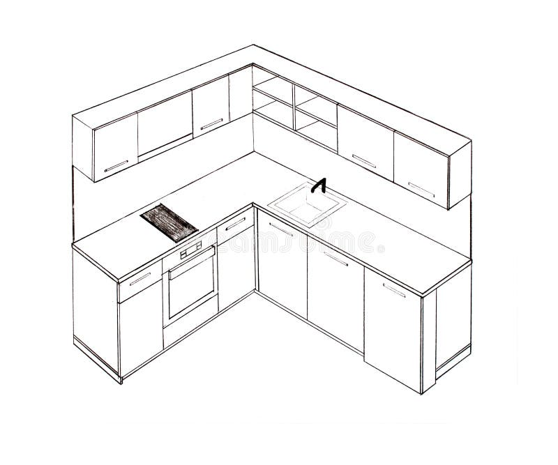 Modern Interior Design Kitchen Freehand Drawing. Stock Illustration