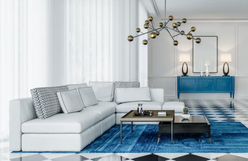 Modern Interior Design Living Room with Blue Accents Stock Illustration