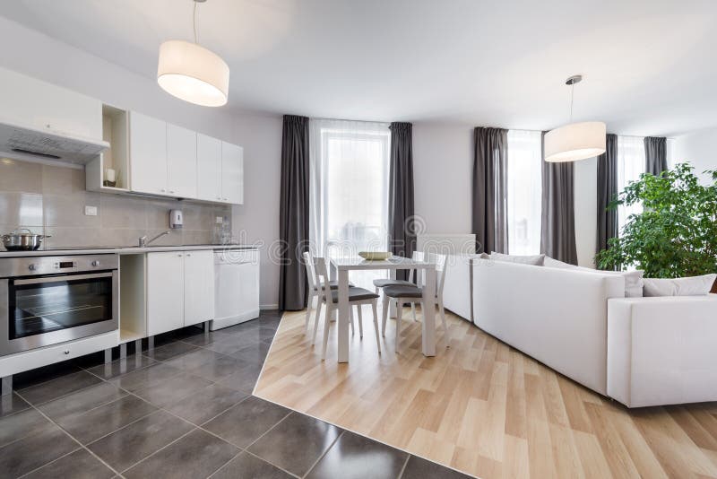 Offener Raum, moderne Innenarchitektur Wohnzimmer mit Küche.
