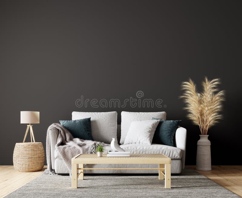 Modern interior design of living room in natural colors with dry plants decoration and empty black mock up wall background royalty free illustration