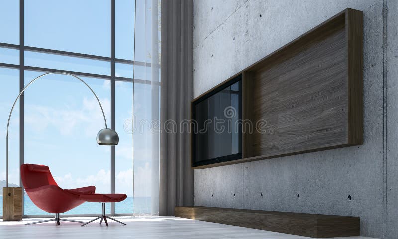 The modern interior design of lounge sofa and living room and Lcd tv and concrete wall pattern background. Tv wall pattern illustrations