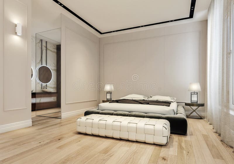 Modern interior design of master bedroom with large bathroom, king size bed with bed sheets royalty free stock photo Modern interior design of master bedroom with large bathroom, king size bed with bed sheets royalty free stock photo