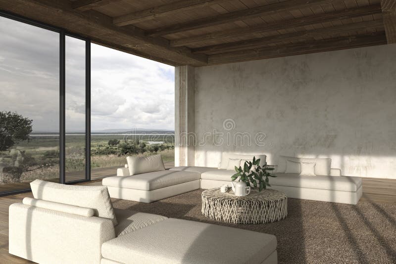 Modern interior design open space living room. Large windows and nature view. House outdoor terrace 3d render