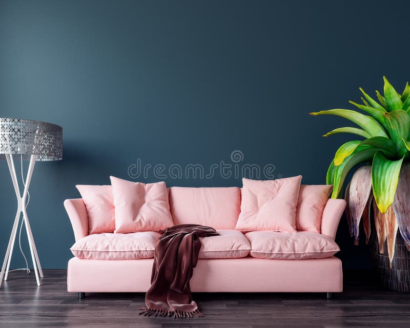 Modern Interior Design With Pink Sofa And Dark Green Wall