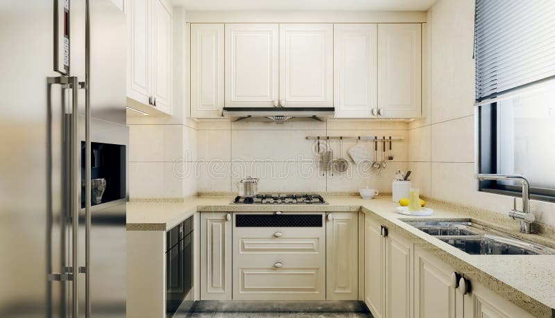 Modern interior design of small kitchen, bright colored kitchen elements with beige tiles and window above sink royalty free illustration Modern interior design of small kitchen, bright colored kitchen elements with beige tiles and window above sink royalty free illustration