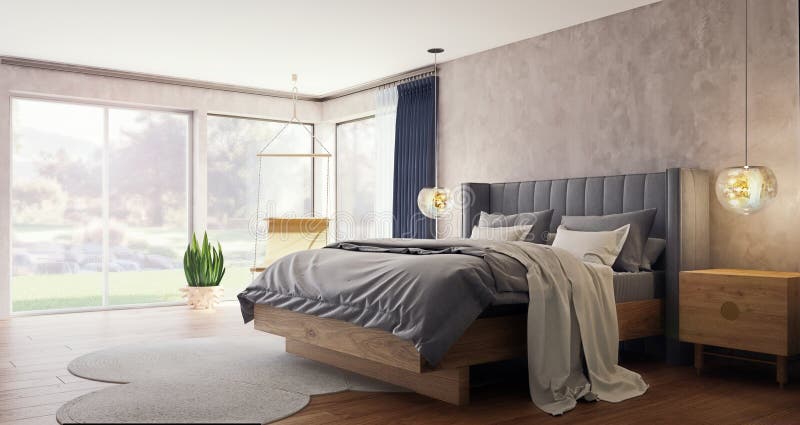 Modern interior design of spacious bedroom with large windows and garden and forest in background stock illustration