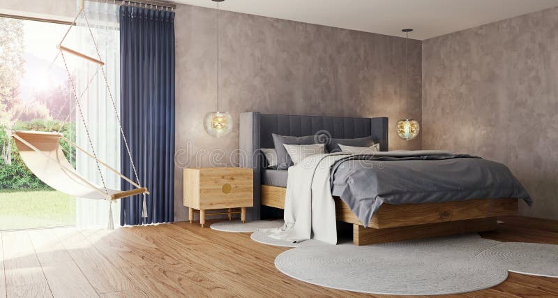 Modern interior design of spacious bedroom with large windows and garden and forest in background stock illustration