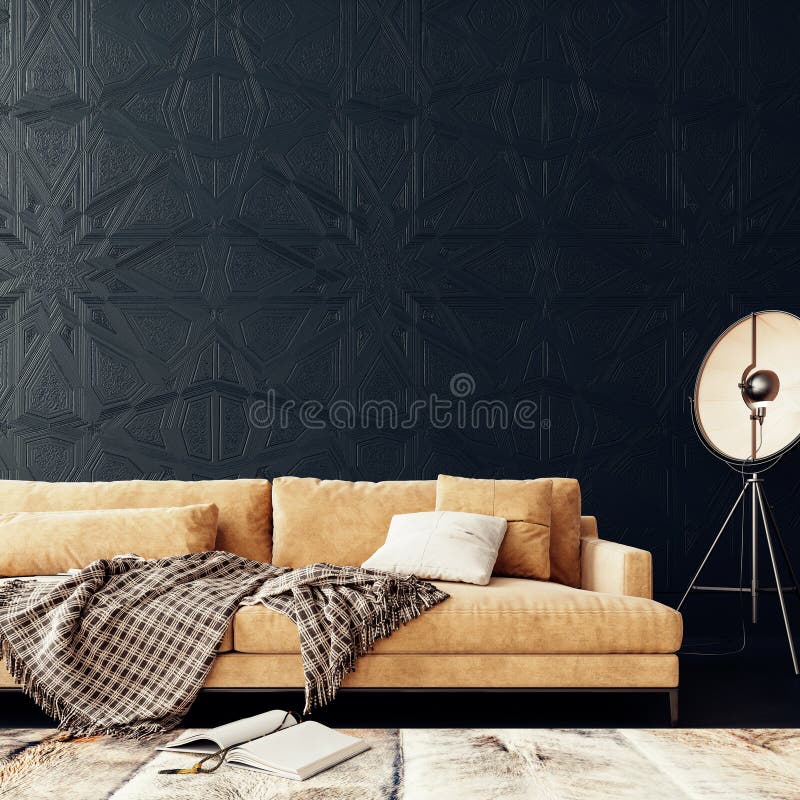 Modern Interior Design with Yellow Sofa and Black Wall Stock