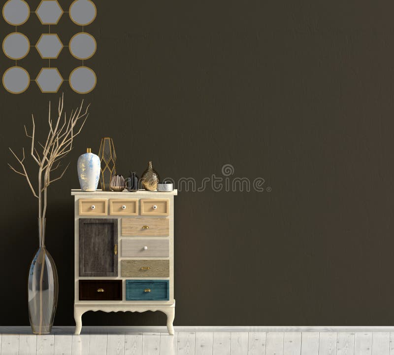 Modern interior with dresser. Wall mock up. stock illustration Modern interior with dresser. Wall mock up. stock illustration