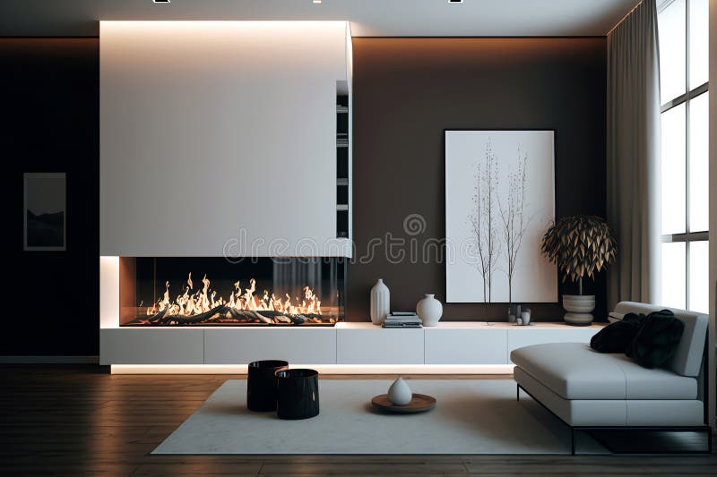 Modern Interior with Electric Fireplace. Artificial Fireplace with