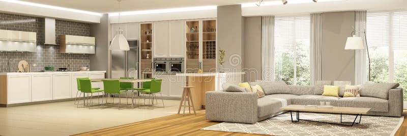 Modern interior of living room with the kitchen in a house or apartment in grey colors with green accents. 3d rendering