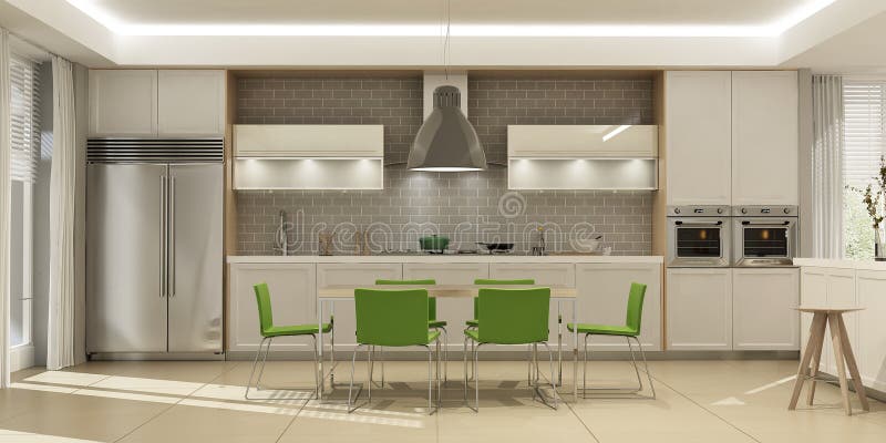 Modern interior of living room with the kitchen in a house or apartment in grey colors with green accents. 3d rendering