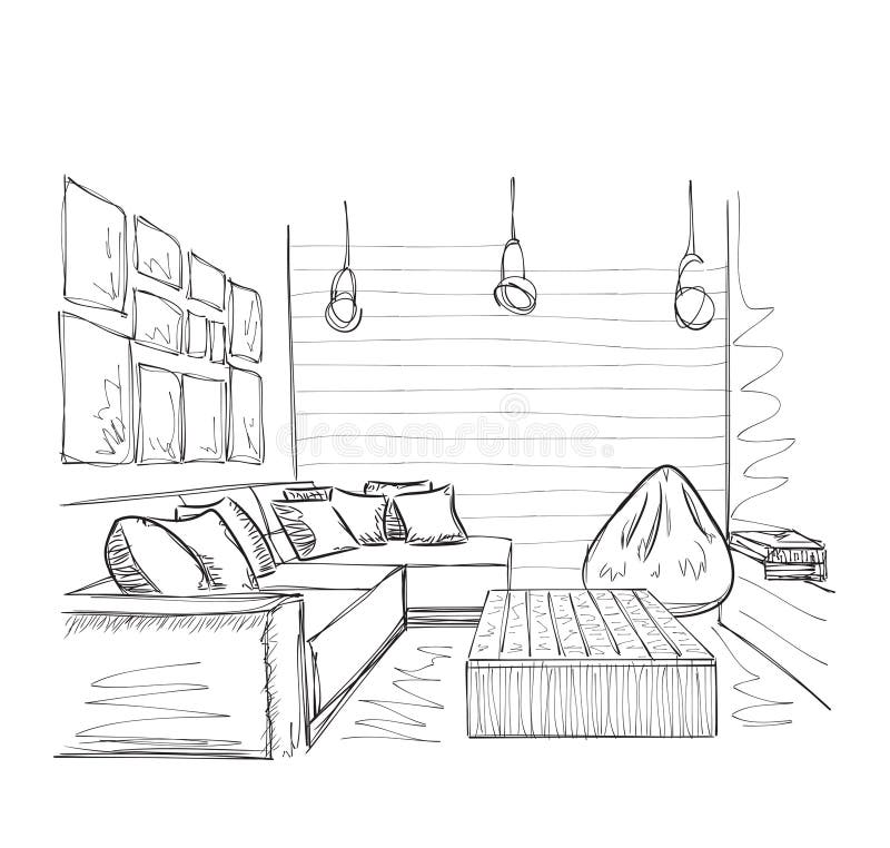 Modern Interior Room  Sketch  Hand Drawn Furniture Stock 
