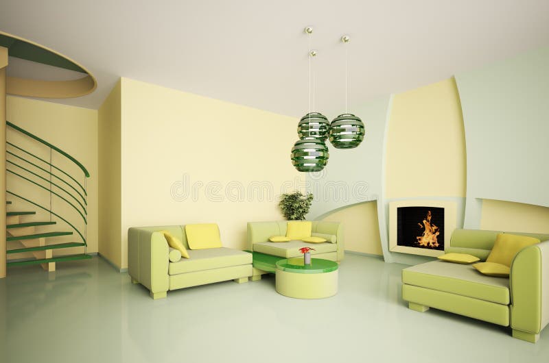 Modern interior with stair and fireplace 3d