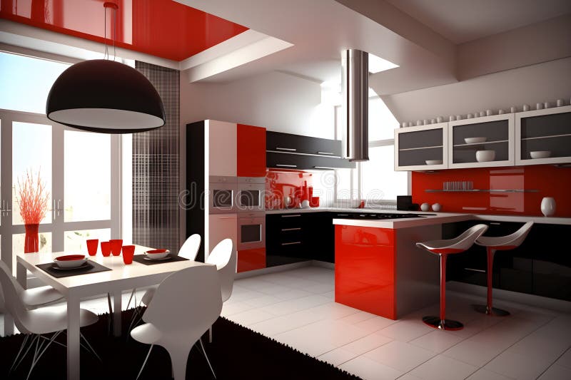 Modern Interior of White and Red Kitchen Stock Illustration