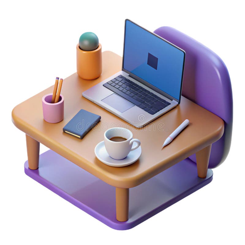 Modern isometric home office desk setup with laptop and coffee for remote work royalty free illustration