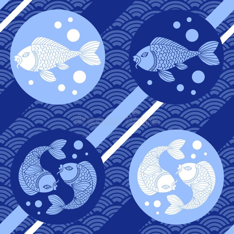 Modern Japanese Seamless Pattern with Waves, Catfish and Lines. Asian Style. Vector Art Stock