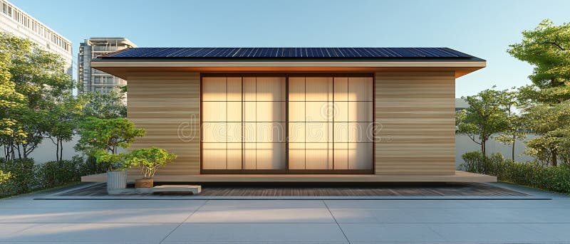 Modern Japonez Style House Minimalist Design Home Exterior Zen Wood Roof Real Cald Solar vector illustration