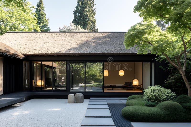Modern Japonez Zen Garden House Minimalist Design Architecture Home Calm Grey Wood Yard royalty free illustration
