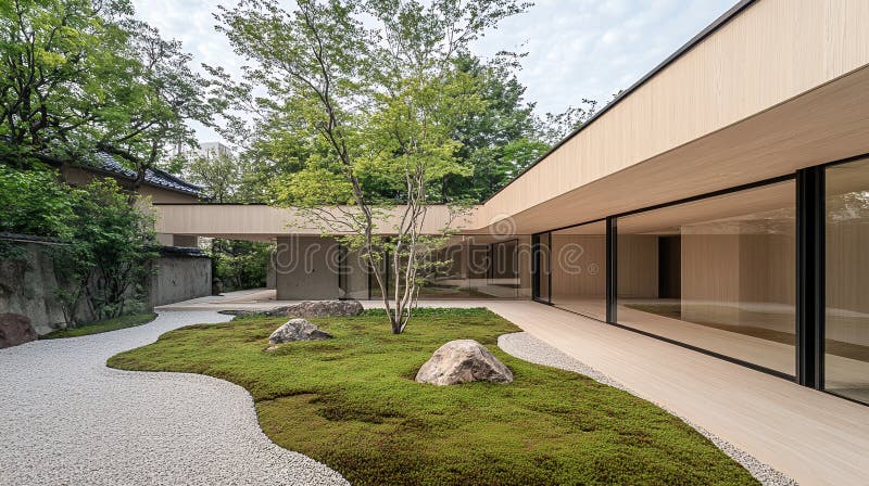 Modern Japonez Zen Garden House Minimalist Design Architecture Home Wood Moss Calm View royalty free illustration