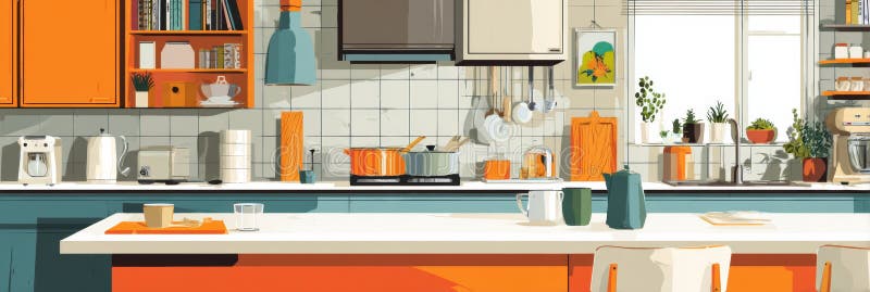 Modern Kitchen in Action With Cooking Preparations Underway and Ample Clear Space Above for Creative Ideas stock photo