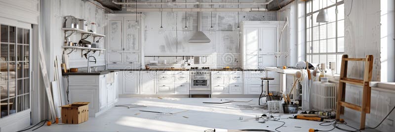 Modern kitchen being renovated with new white cabinets and a countertop in progress. Tools and materials scattered stock images