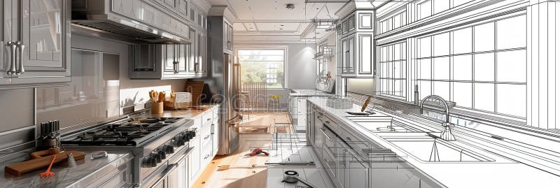 Modern kitchen being transformed with new cabinets installed and countertops in progress, showcasing quality and style stock photos