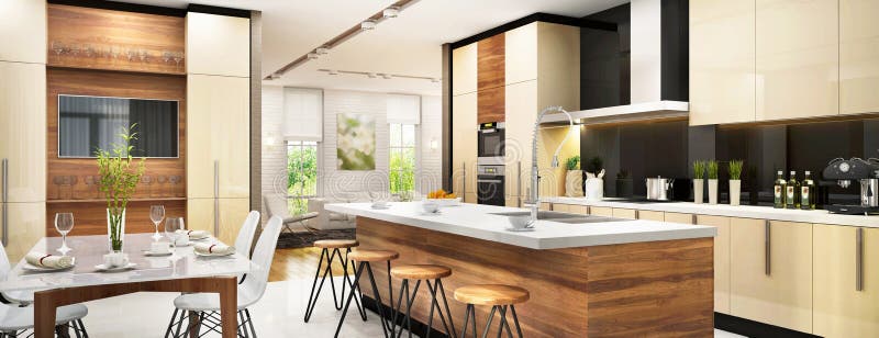 Modern kitchen in big house royalty free illustration