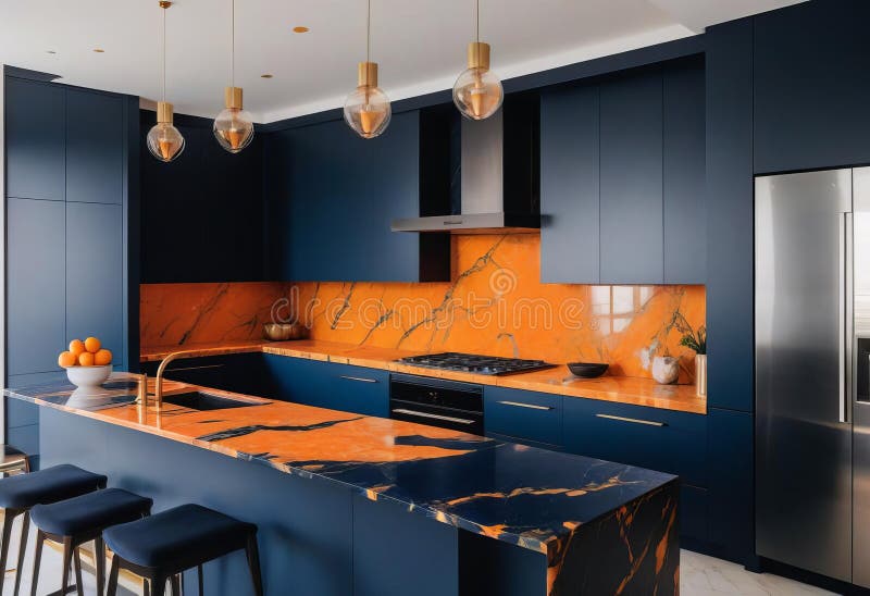 A modern kitchen with black cabinets stock illustration