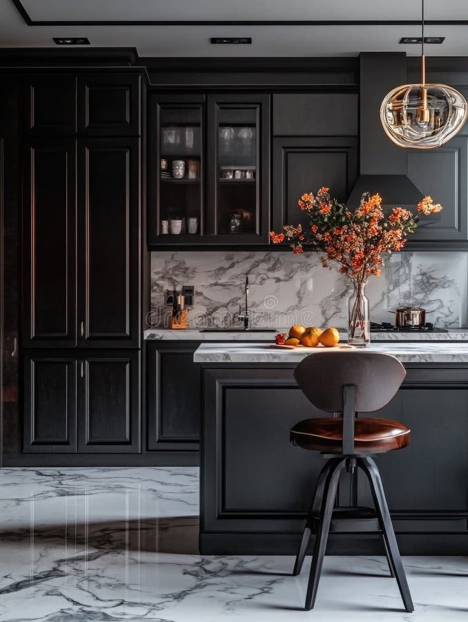 Modern Kitchen with Black Cabinets and Marble Counter stock photo