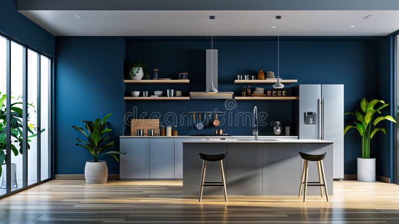 A Modern Kitchen with Blue Walls and White Cabinets Stock Image - Image