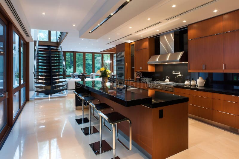 Modern kitchen boasting island and steel staircase stock illustration