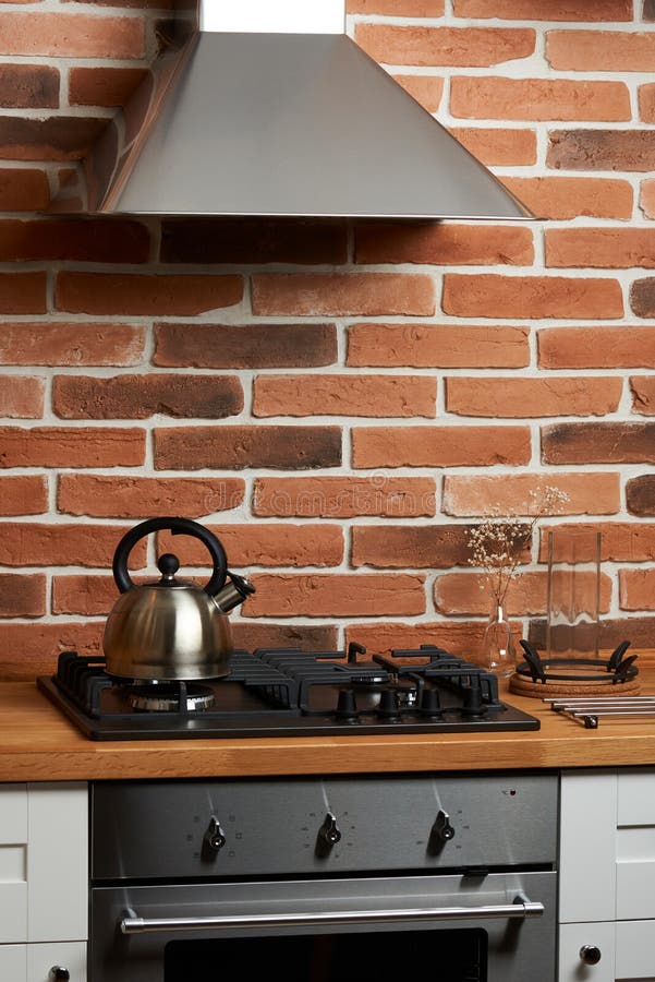 Modern Kitchen with Brick Wall Stock Photo Image of furniture