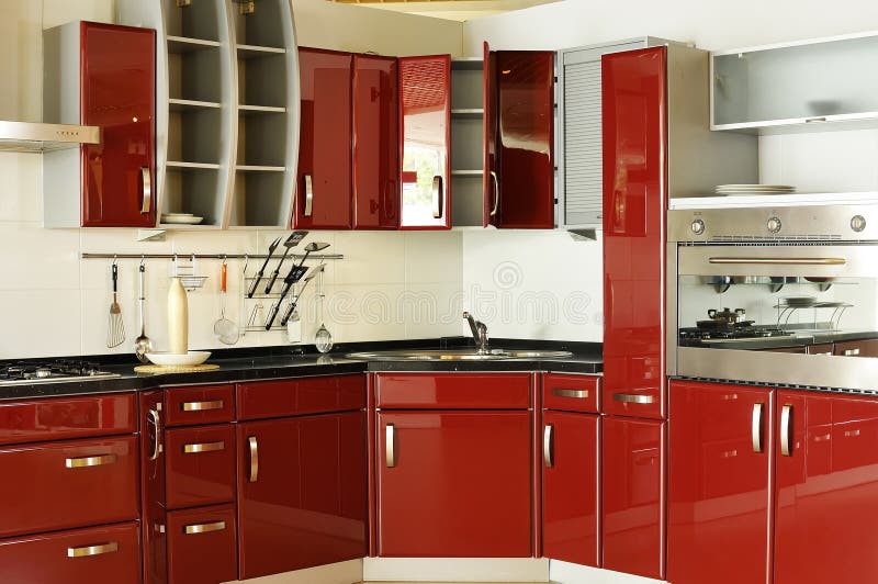Modern Kitchen Cabinet Door A Deep Red 02 Stock Photo 