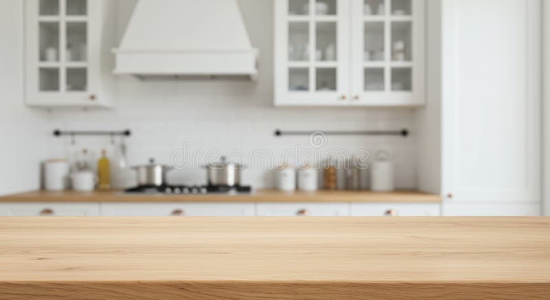 Modern Kitchen Countertop Light Wood Table in Bright White Kitchen, Interior Decor, Cooking Space and Home Design vector illustration