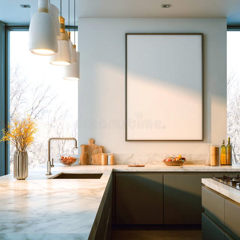 Modern Kitchen Design Elegant Interior with Blank Canvas Artwork royalty free illustration